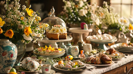 A beautifully set Easter table featuring flowers, scrumptious cakes, and an array of intricately d - obrazy, fototapety, plakaty