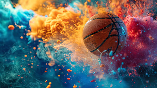 A basketball in flight takes center stage against a backdrop of colorful smoke, capturing the esse