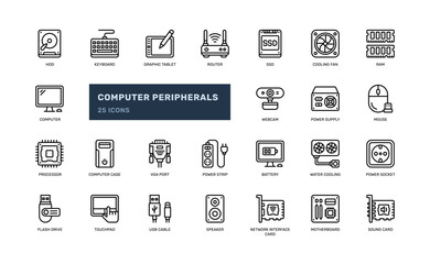 computer accessories peripherals component hardware input data storage detailed outline line icon set