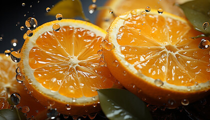 Freshness of citrus fruit, wet drop, orange slice, nature healthy eating generated by AI