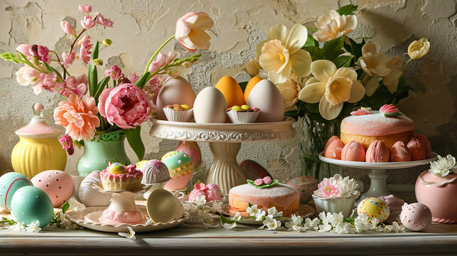 A delightful Easter table presentation with the inclusion of flowers, mouthwatering cakes, and an