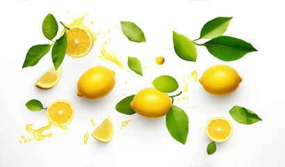 Obraz premium Set of fresh raw whole and sliced lemons, green leaves on the white background.