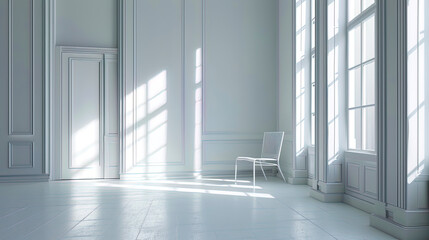 A photograph of a room painted in white, featuring minimal furniture, creates an impression of emp