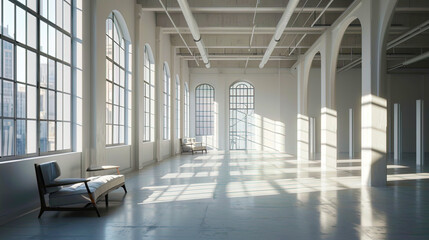 A photo illustrating a large, white room with a lack of furniture evokes a perception of spacious