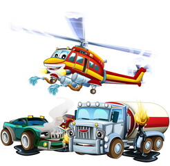 Obraz na płótnie Canvas cartoon scene with two cars crashing in accident sports car and construction site cistern with flying fireman helicopter isolated illustration for children