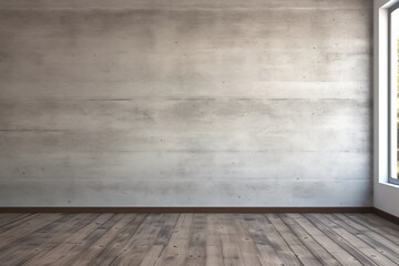 Bright empty room with wooden floor and concrete wall