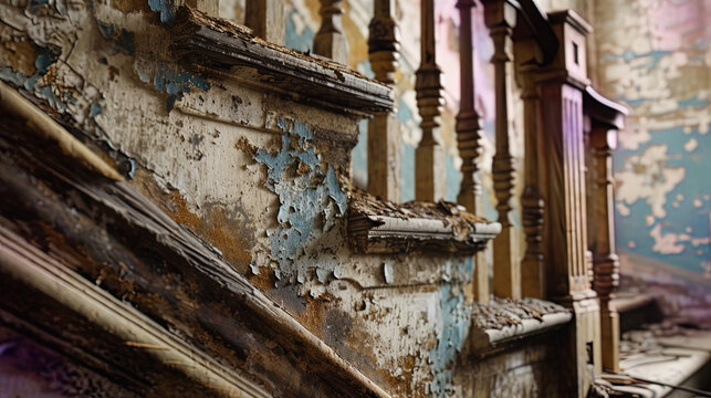 Cracked plaster and worn, shabby paint contribute to the building's overall state of disrepair