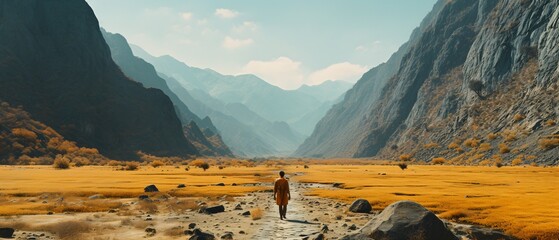 Man walking alone through a vast desert canyon - obrazy, fototapety, plakaty