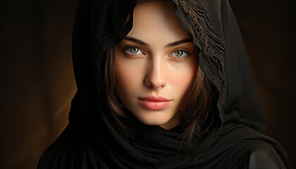 Naklejka premium Beautiful young woman in traditional clothing, looking sensually at camera generated by AI