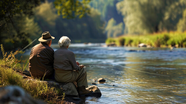 Find solace in the simplicity of a shared fishing endeavor as the older couple bonds by the river