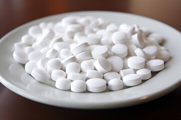 Fototapeta na wymiar Close-up of white pills on a white plate