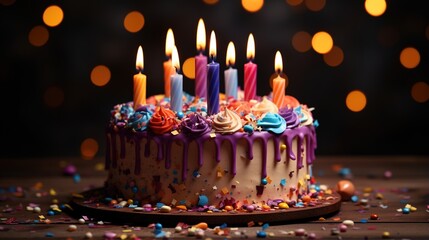 Celebration of a birthday with a cake decorated with colorful frosting and candles