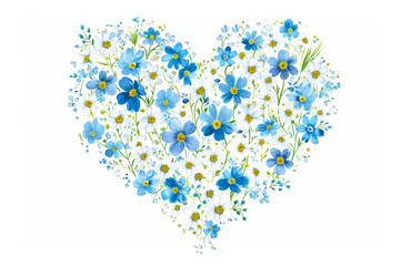 Blue and white summer flowers in heart of shape. Illustration on white background. Minimalistic floral illustration.
