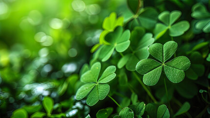 Fototapeta na wymiar Lush green clover leaves create a vibrant background, leaving ample space for text to convey a mes