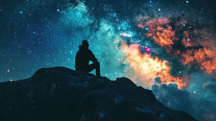 Obraz premium Meditative contemplation takes place within the silhouette against a cosmic panorama, featuring st