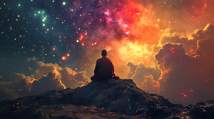 Meditative contemplation takes center stage against the celestial beauty of stars and cosmic dust - obrazy, fototapety, plakaty