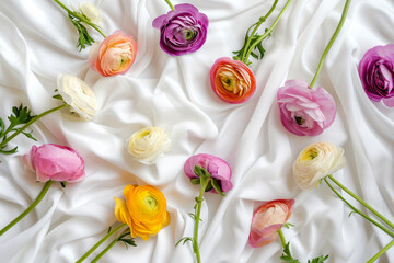 Spring multi-colored ranunculus flowers over white cotton fabric