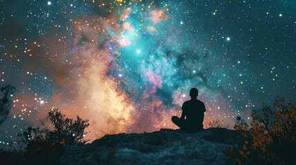 Meditative stillness is depicted as a silhouette sits against the cosmic backdrop filled with star - obrazy, fototapety, plakaty