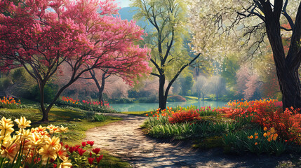 Naklejka premium Nature's artistry is on full display in this panoramic view, where the park transforms into a symp