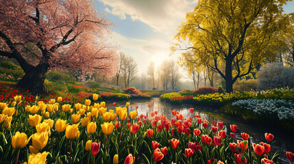 Nature's celebration comes to life in a panoramic view of a park adorned with an array of spring f - obrazy, fototapety, plakaty