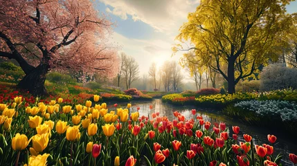 Tuinposter Nature's celebration comes to life in a panoramic view of a park adorned with an array of spring f © JVLMediaUHD