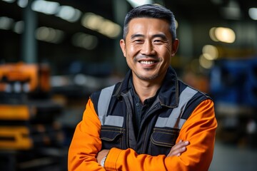 Portrait of a smiling Asian man in an orange safety vest standing in a factory