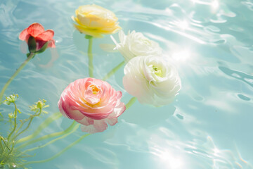 Spring multi-colored ranunculus flowers floating on surface of blue water. Vintage dreamy moody effect with sun flares.