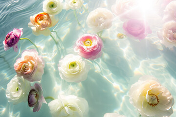 Spring multi-colored ranunculus flowers floating on surface of blue water. Vintage dreamy moody effect with sun flares.