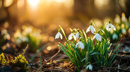 Outdoors, delicate white snowdrop flowers unfurl their petals, embracing the warmth of the sunligh