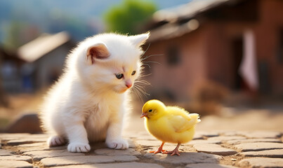 A cute kitten and chicken on the farm.