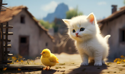 A cute kitten and chicken on the farm. - obrazy, fototapety, plakaty
