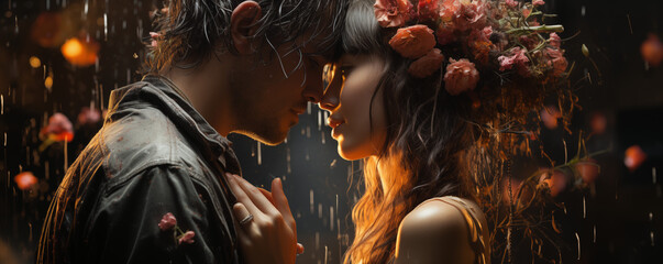 Pärchen küsst sich im Sommerregen, Goldene Stunde, Romantik - obrazy, fototapety, plakaty