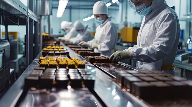 On the production line, workers gather and package batches of energy bars