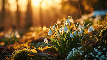 Sunlight caresses the delicate white snowdrop flowers, creating a picturesque outdoor scene - obrazy, fototapety, plakaty