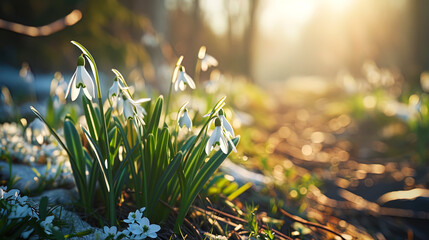 Sunlight caresses the delicate white snowdrop flowers, creating a picturesque outdoor scene