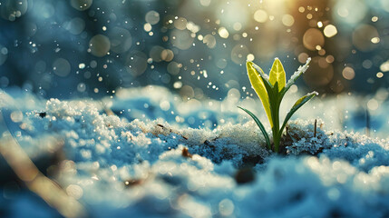 The appearance of a young green sprout from the snowcovered ground signifies the end of winter's h