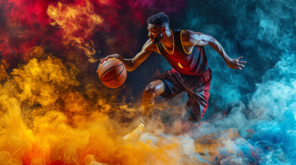 The athleticism of basketball is beautifully juxtaposed against a background of swirling, colorful - obrazy, fototapety, plakaty