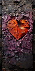 A stone wall with many cracks and a heart centered in the stones, painted red and standing out against the dark purple background. 3D concept design illustration.