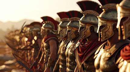 The disciplined march of the Spartan army showcases their strength and unity, with warriors adorne - obrazy, fototapety, plakaty