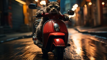 A cat rides a scooter through the city at night