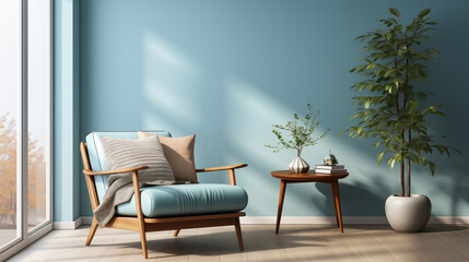 Light stylish furniture, blue or green armchair with decorative pillow, home style