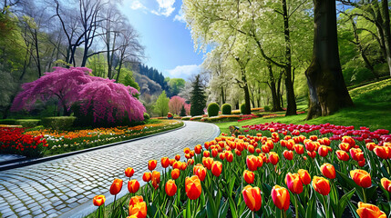 The panoramic scenery invites admiration as spring flowers blanket the park, turning it into a mes