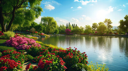The panoramic scene unfolds like a botanical masterpiece, with the park's landscape adorned by a p - obrazy, fototapety, plakaty