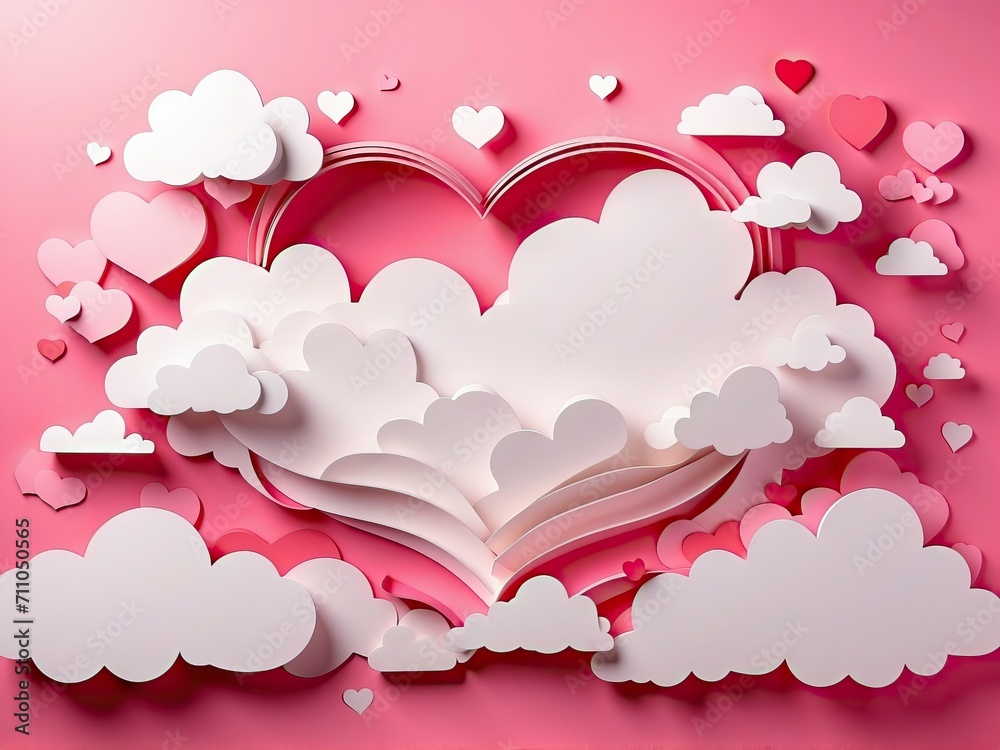 Fototapete Valentines day background with paper heart and clouds. 3d rendering