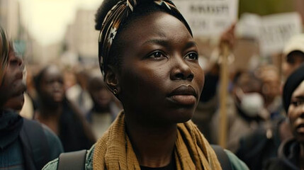 The resilience and conviction of a black woman shine through as she marches in protest, surrounded