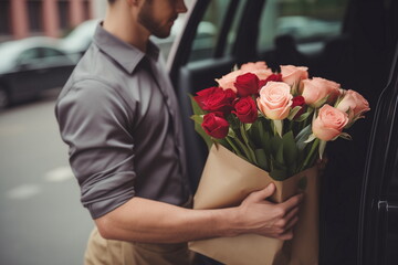 Young man holding bouquet of pink and red roses wrapped in craft paper package. Flowers delivery shop concept.	