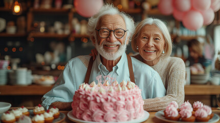 Senior couple celebrating a birthday and having fun with birthday cake and balloons. People, joy, fun and happiness concept. - obrazy, fototapety, plakaty