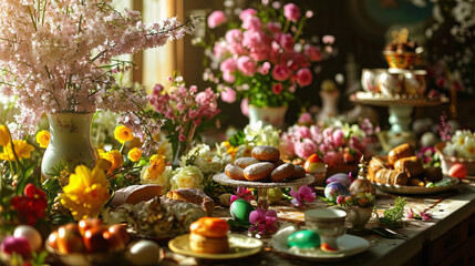 The table for Easter festivities is adorned with fresh flowers, delicious cakes, and an array of i