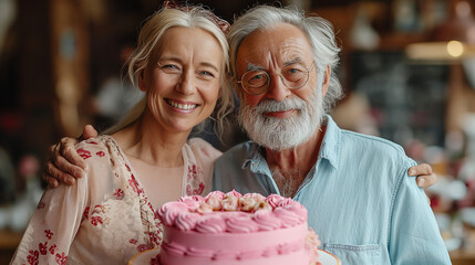 Senior couple celebrating a birthday and having fun with birthday cake and balloons. People, joy, fun and happiness concept.