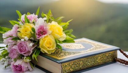 foto de un libro Corán con un ramo de flores - obrazy, fototapety, plakaty